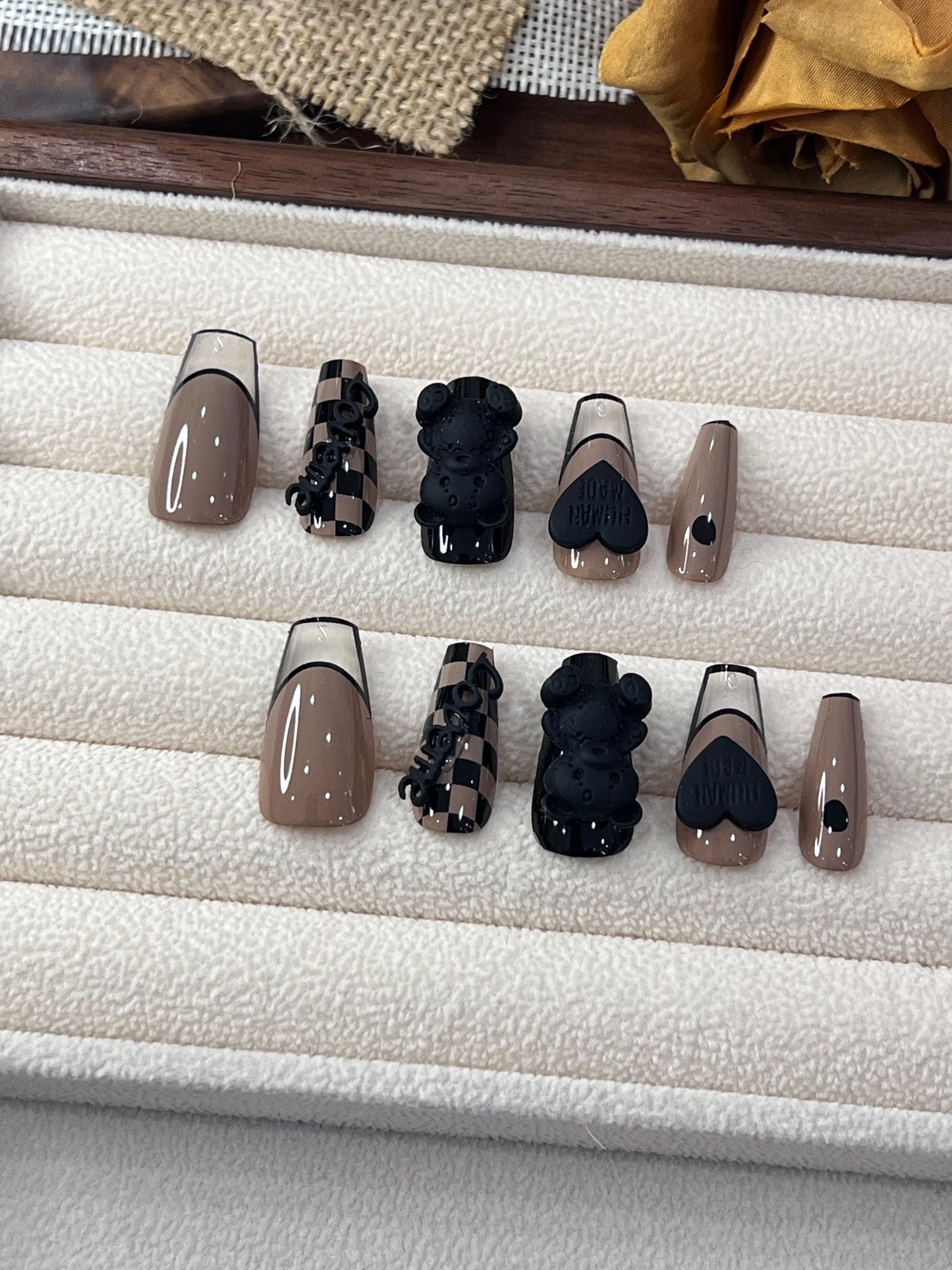 ネイルチップ Luminail プレミアムつけ爪 - ブラックチェックベアロングネイル - ネイルチップ専門店 Luminail ルミネイル