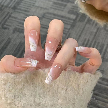 ネイルチップ Luminail プレミアムつけ爪 - ピンク&ゴールドウェーブデザインロングネイル - ネイルチップ専門店 Luminail ルミネイル