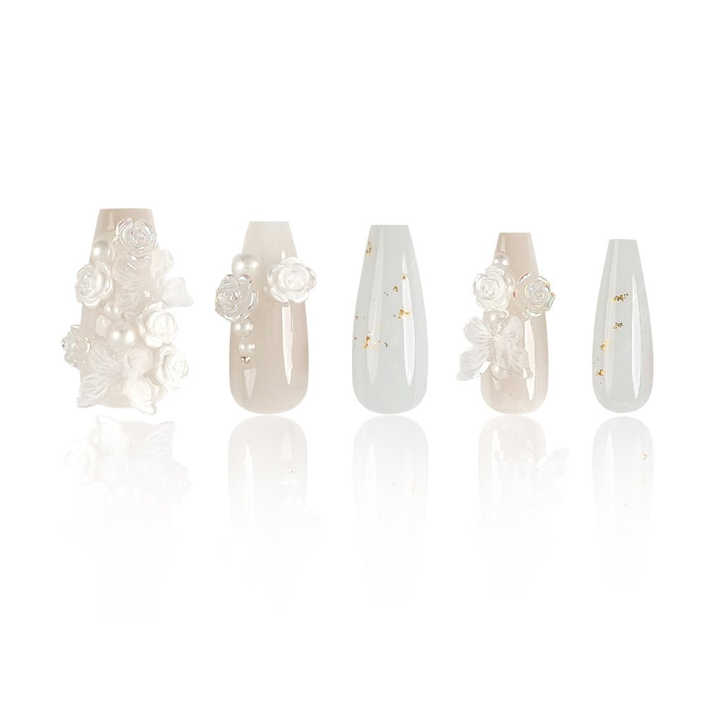 ネイルチップ Luminail プレミアムつけ爪 – 花嫁のようなロマンティックフラワーロングネイル - ネイルチップ専門店 Luminail ルミネイル