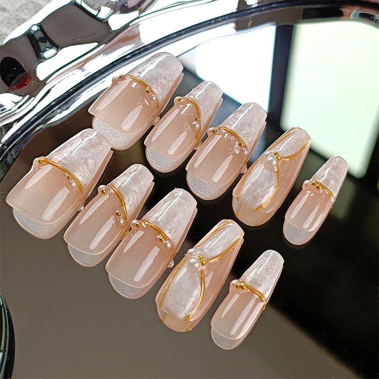 ネイルチップ Luminail プレミアムつけ爪 - 夢見るマーブルゴールドロングネイル - ネイルチップ専門店 Luminail ルミネイル