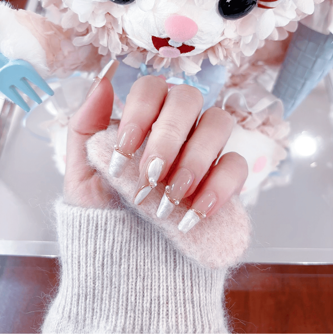 ネイルチップ Luminail プレミアムつけ爪 - 夢見るマーブルゴールドロングネイル - ネイルチップ専門店 Luminail ルミネイル
