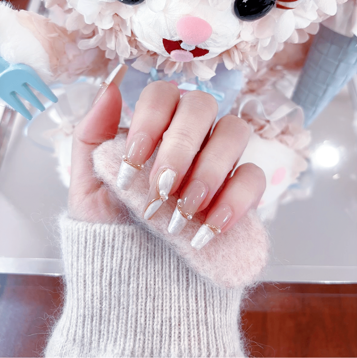 ネイルチップ Luminail プレミアムつけ爪 - 夢見るマーブルゴールドロングネイル - ネイルチップ専門店 Luminail ルミネイル