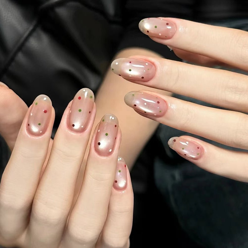 ネイルチップ Luminail プレミアムつけ爪 - ピンクベージュドットロングネイル - ネイルチップ専門店 Luminail ルミネイル