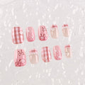 ネイルチップ Luminail プレミアムつけ爪 - ピンクチェック&リボンデザインショートネイル - ネイルチップ専門店 Luminail ルミネイル