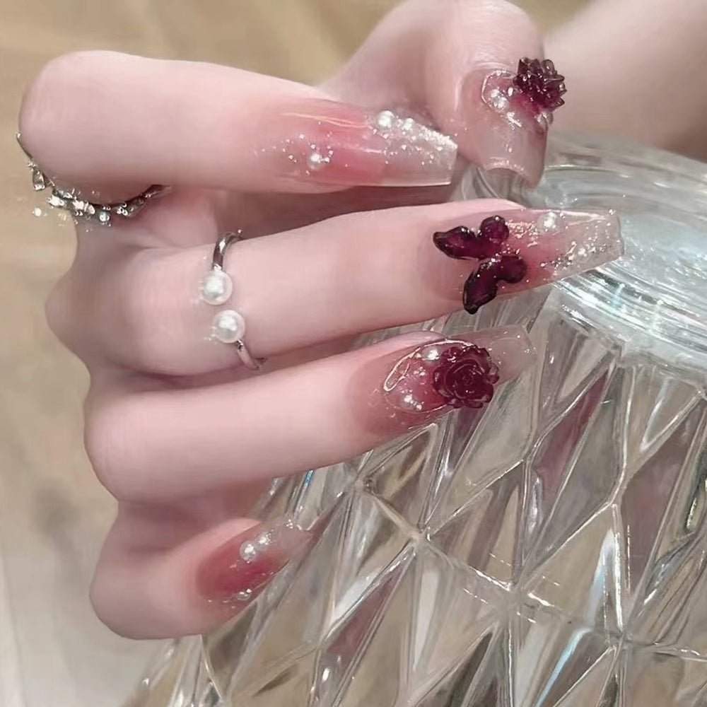 ネイルチップ Luminail プレミアムつけ爪 - ワインレッドローズ&バタフライデザインロングネイル - ネイルチップ専門店 Luminail ルミネイル