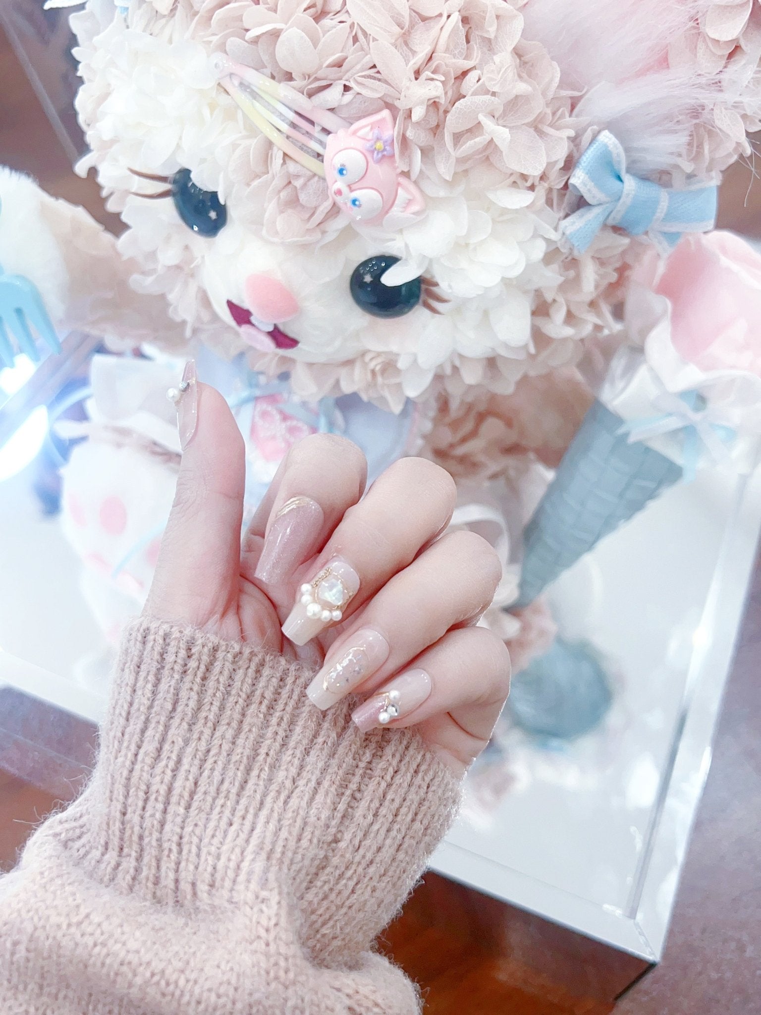 ネイルチップ Luminail プレミアムつけ爪 - ローズパールのエレガントグリッター ロングネイル - ネイルチップ専門店 Luminail ルミネイル