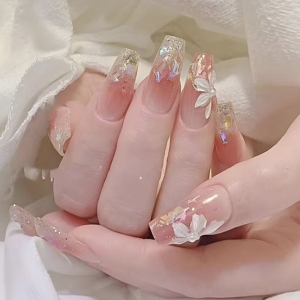 ネイルチップ Luminail プレミアムつけ爪 - ピンクグラデーション＆フラワーデザインロングネイル - ネイルチップ専門店 Luminail ルミネイル