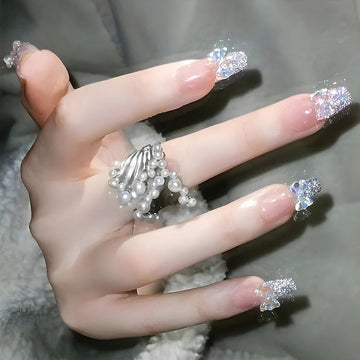 ネイルチップ Luminail プレミアムつけ爪 - グリッターリボンデザインロングネイル - ネイルチップ専門店 Luminail ルミネイル