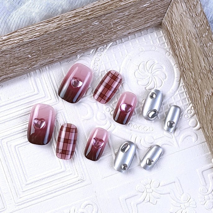 ネイルチップ Luminail プレミアムつけ爪 - チェックパターングラデーションデザインショートネイル - ネイルチップ専門店 Luminail ルミネイル