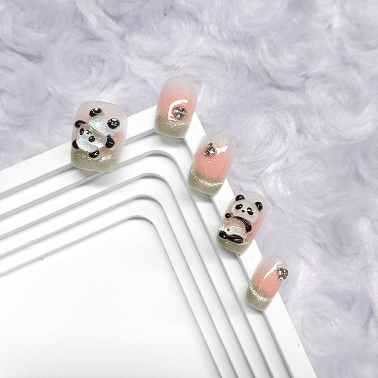 ネイルチップ Luminail プレミアムつけ爪 - パンダデザインロングネイル - ネイルチップ専門店 Luminail ルミネイル