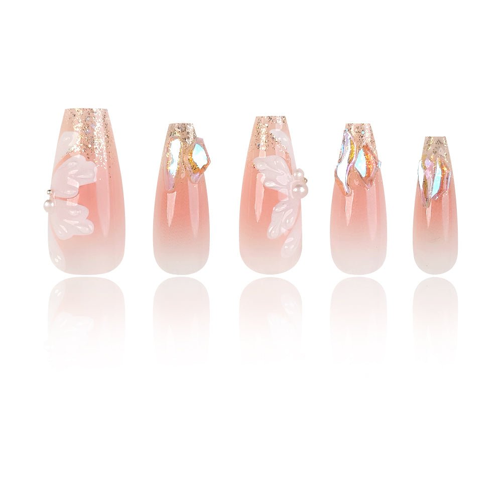 ネイルチップ Luminail プレミアムつけ爪 - ピンクグラデーション＆フラワーデザインロングネイル - ネイルチップ専門店 Luminail ルミネイル